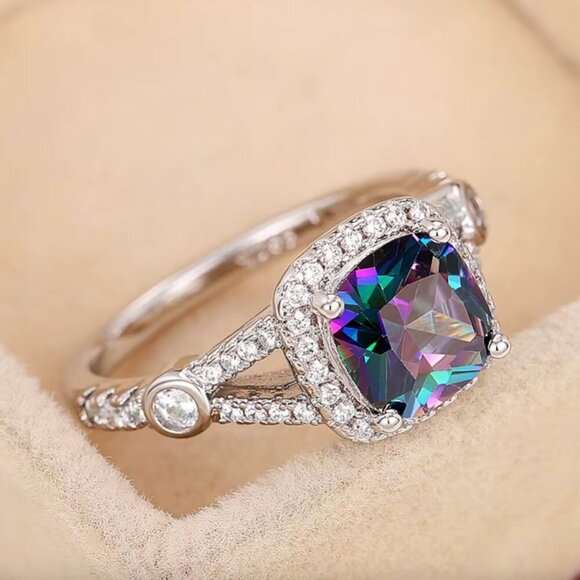 NEW 925 Sterling Silver Diamond Ring Cushion Cut Halo Ring - Picture 2 of 5